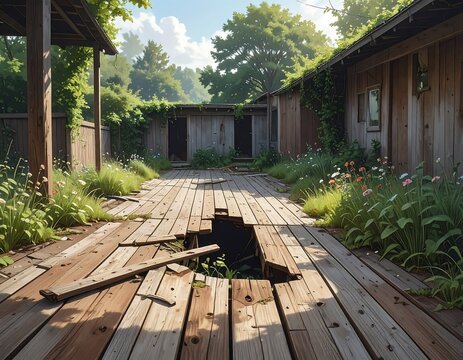 Sun-drenched overgrown wooden walkway, abandoned buildings
