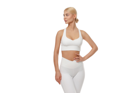 Person shows graceful yoga pose in fitness wear, isolated, PNG