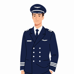 Professional male pilot in blue uniform and cap, standing confidently with hands in pockets, a stylized illustration representing aviation careers and travel.