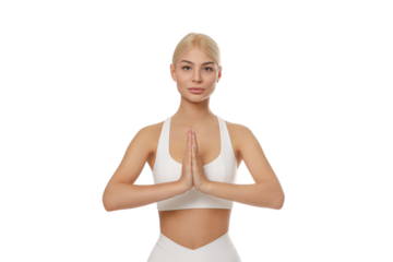 Female yoga practitioner doing a prayer pose, isolated, PNG