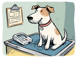 Happy dog at the vet's office getting a check-up, cartoon style, vector illustration