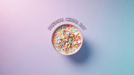 A bowl of colorful ring-shaped cereal in milk, presented on a gradient background with 'National Cereal Day' text above.