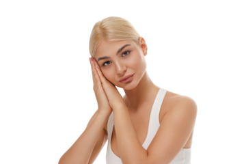 Young woman smiles in a calming yoga pose, isolated, PNG