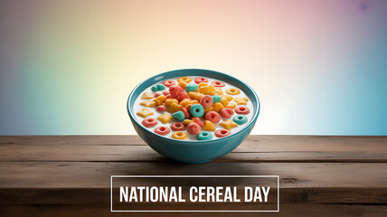 A bowl of colorful cereal rings in milk on a wooden table, celebrating National Cereal Day