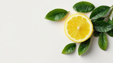 Minimal Lemon Slice with Green Leaves on White Background