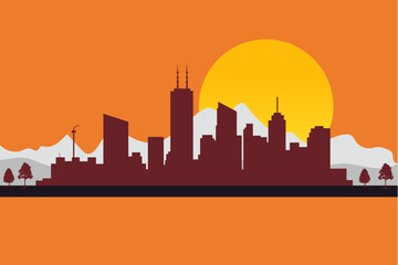 Naklejka premium City Skyline Silhouette Against the Sunset: A tranquil cityscape, with towering buildings outlined against a vibrant sunset, evokes a sense of peace and the dynamism of urban life.