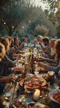 Long table filled with food, drinks, and people celebrating together outdoors, evoking community and festive spirit.