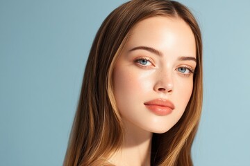 Fototapeta premium A studio portrait of a beautiful woman, with clean and healthy skin and long straight brown hair, her makeup is natural, showcasing skincare aesthetics.
