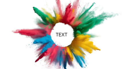 Colorful powder explosion forming a circular burst with a central white space for text