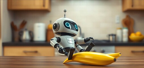 Cartoonish funny ai round robot slipping on banana peel