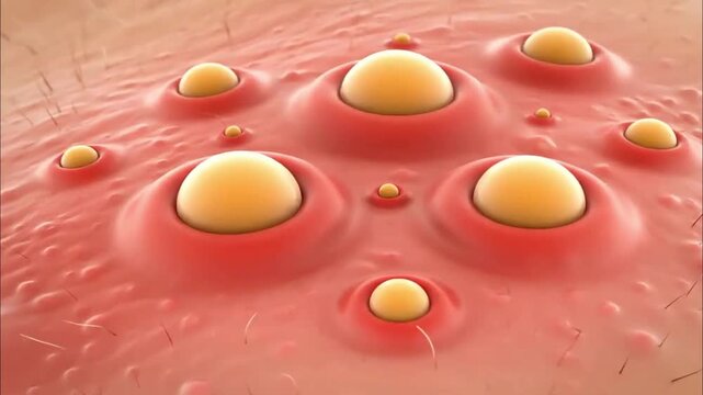 Red pimples with yellow heads forming on the surface of the skin.