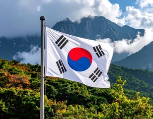 South Korean flag waving against mountains