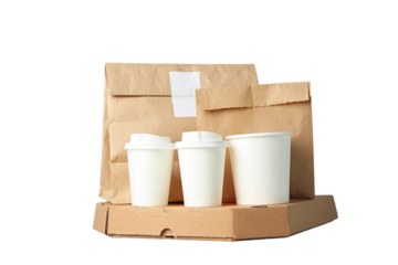 Coffee cups, bag, and box arranged, isolated on white, PNG