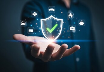 Hand holding digital shield with checkmark and security icons technology concept