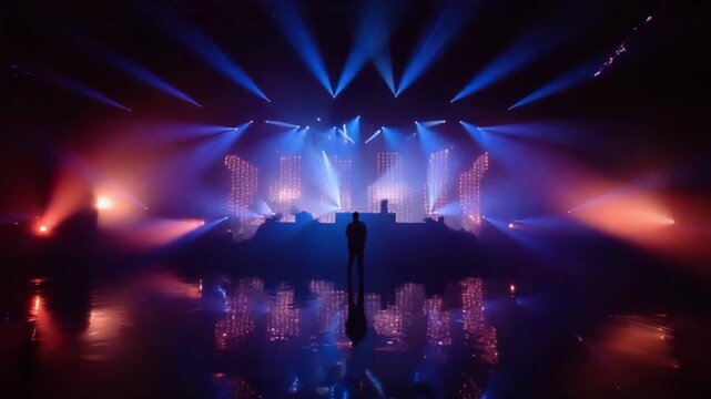 Stage Presence: An evocative scene, a darkened stage illuminated with an array of vibrant lights, creates an atmosphere of anticipation and artistry. A lone figure stands, dwarfed by the grand stage.