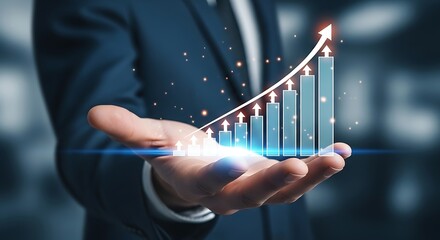 Businessman holding glowing digital growth chart bar graph data analytics success upwards