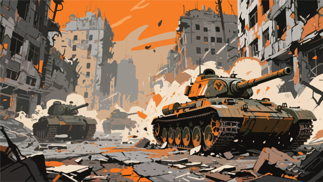 City Destroyed by Tank War Illustrator Artwork Banner Background Design Template 