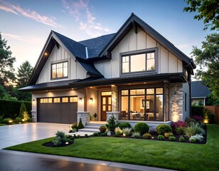 Two-story house, modern farmhouse style, landscaped yard, twilight lighting