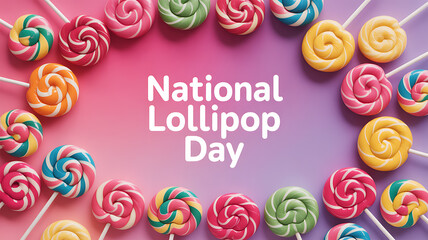 National Lollipop Day celebration with colorful spiral lollipops arranged in a circular pattern on a gradient background
