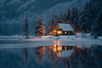 Fototapeta premium peaceful snowy cabin with warm glowing lights reflecting on frozen lake creating a calm christmas holiday mood