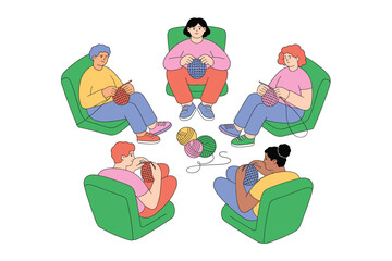 Diverse Group Knitting Circle: People Relaxing and Creating Together, Sharing a Craft in a Cozy and Creative Environment with Yarn and Knitting Needles.