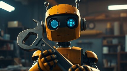 Silly robot holding oversized wrench in a repair workshop setting