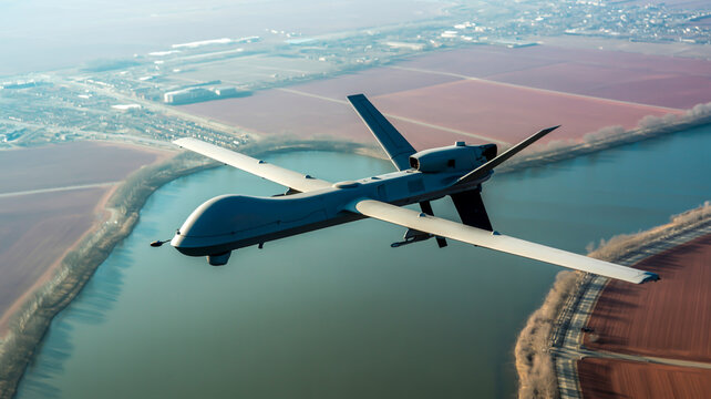 A high-resolution aerial photograph of an MQ-9 Reaper drone flying over a large body of water