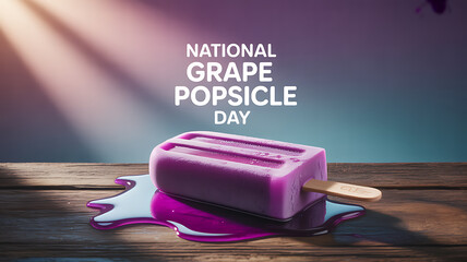 A melting purple grape popsicle on a wooden surface with text celebrating National Grape Popsicle Day