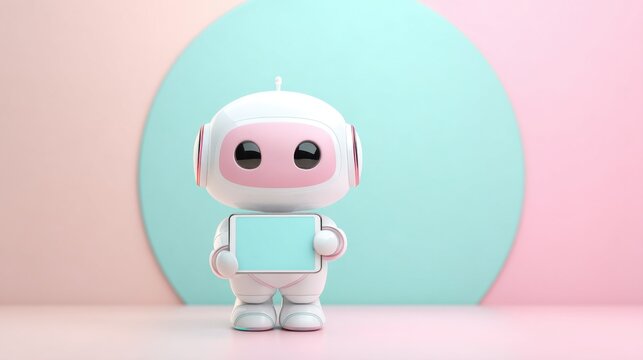 A cute, cartoonish robot holds a blank sign in a pastel-colored setting with circular backgrounds, creating a playful and modern aesthetic, cute robot with a tablet, with space for text