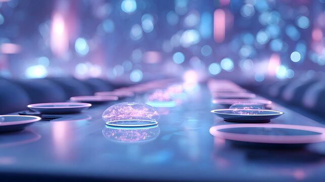 Autonomous car interior blurred futuristic dining table with glowing holographic dishes - Powered by Adobe