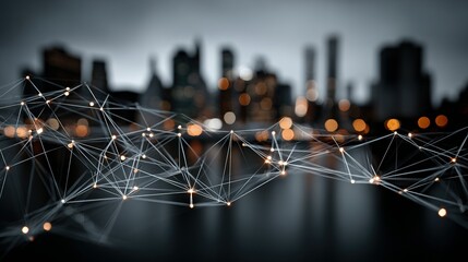 Abstract network overlay on blurred cityscape with buildings and lights at night.