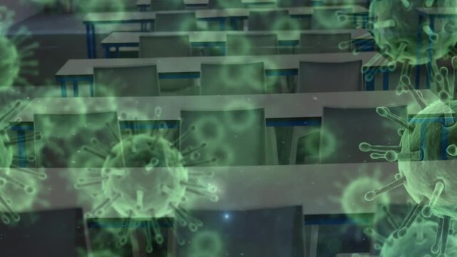 Fading-in green virus spheres floating over desks approaching viewer, dispersing to show virus risk