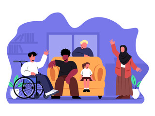 Naklejka premium Diverse group of people including a child and a person in a wheelchair gathered in a cozy living room waving and smiling showing inclusion friendship and warmth in a colorful illustration