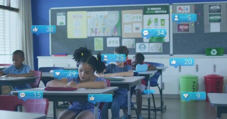 Elementary students writing classroom notebooks starting animated icons rising boosting engagement - Powered by Adobe