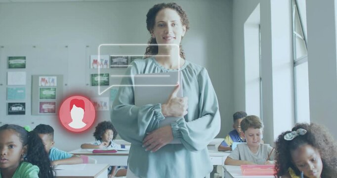 Teacher entering class, activating chat or avatar icons while holding binder and addressing students