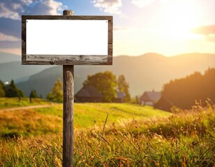 Blank Wooden Signpost in a Sunny Mountain Valley