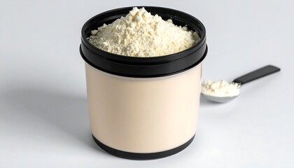 A beige container with a black lid holds a mound of light-colored powder; a small measuring spoon rests nearby