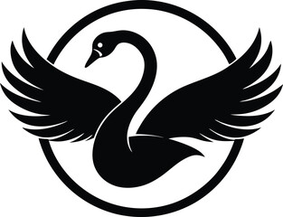 Black swan vector illustration of a swimming bird silhouette on a lake with wings and feathers as a nature art design symbol