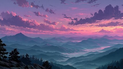 Stunning pink sunset paints a dreamy mountain landscape, ideal for travel blogs or inspirational nature content, bringing serenity and beauty to your project
