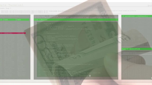 Dollar bill appearing, terminal interface fading, hand fanning bills revealing serial numbers
