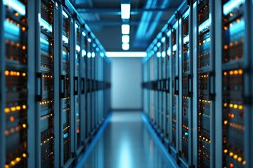 Explore a secure data center with rows of servers and bright lights offering reliable cloud storage and IT solutions for your growing technology business needs