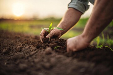 Farmer plants vibrant green seedling in fertile soil at sunset, symbolizing growth, sustainability, and a promising future in agriculture and environmental stewardship