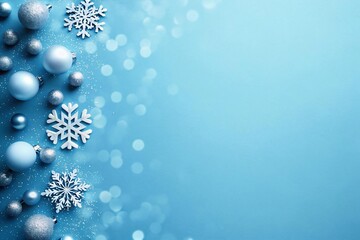 Celebrate the holidays with sparkling silver ornaments and delicate snowflakes on a cool blue background, perfect for winter promotions and elegant Christmas designs