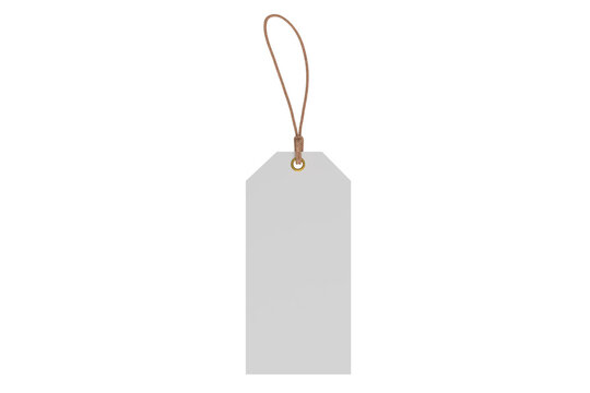 3D mockup of blank rectangle hanging tags with rope strings, metal eyelets, isolated on background. For branding, label design, packaging, fashion, retail, shipping label, wedding tag, gift tag