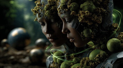 Sci-Fi Humanoid Bust Covered in Dark Armor, Moss, and Green Fruit Surrounded by Glowing Energy Wires	