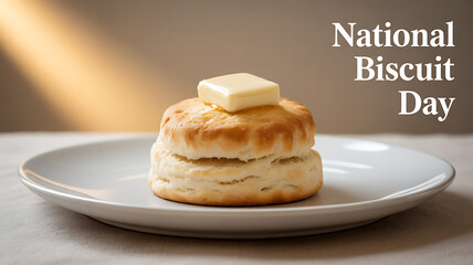 A freshly baked biscuit topped with a pat of butter sits on a white plate, celebrating National Biscuit Day.