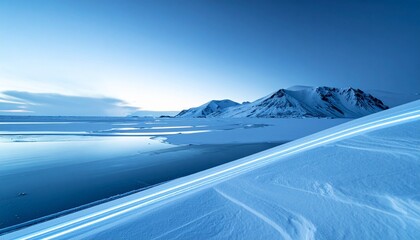 Abstract arctic landscape with snow slopes, icy reflections, and diagonal light trails, evoking serenity, depth, and surreal elegance.