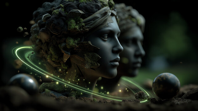 Side Profile of Ancient Earth Deity Bust with Moss and Glowing Green Rings of Energy and Floating Orbs	
