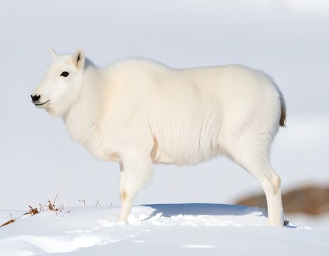 A pure white mountain goat stands in snow
