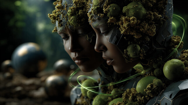 Sci-Fi Humanoid Bust Covered in Dark Armor, Moss, and Green Fruit Surrounded by Glowing Energy Wires	